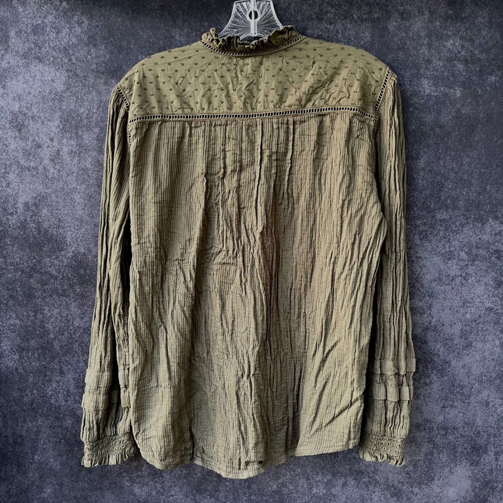 QUINCE $158 Olive Green Organic Cotton Swiss Dot Lace Pintuck Blouse Womens L - Picture 6 of 10